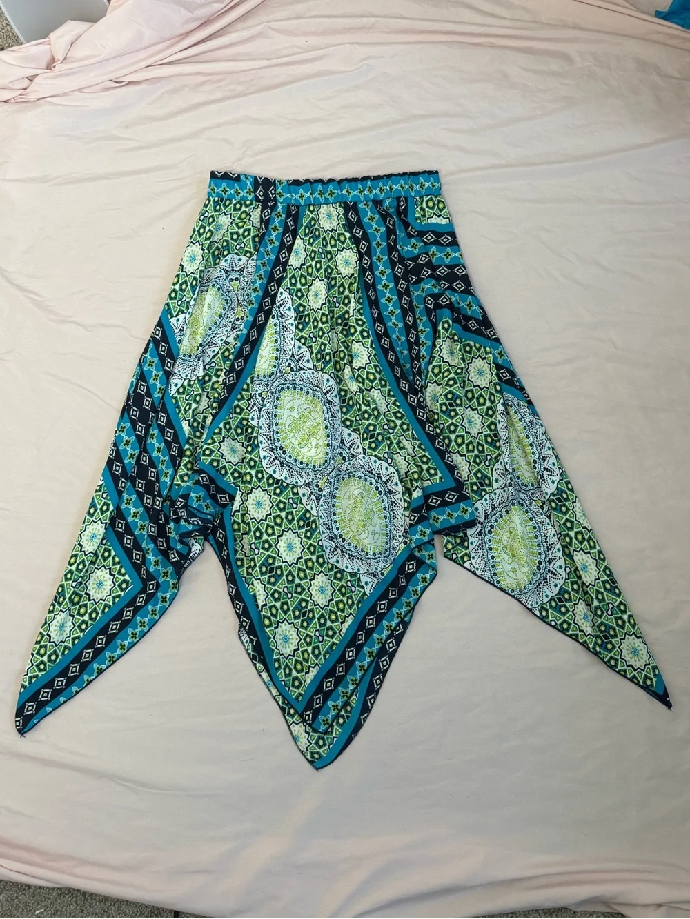 Geometric Mandala Print Handkerchief Hem Midi Skirt Blue Green Boho Beachy